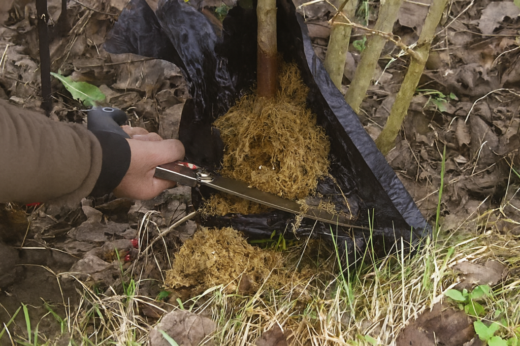 Pjauname sodinuką su šaknimis