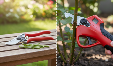 Kokybiški rankiniai ir akumuliatoriniai sekatoriai obelų sode ant medinio stalo.